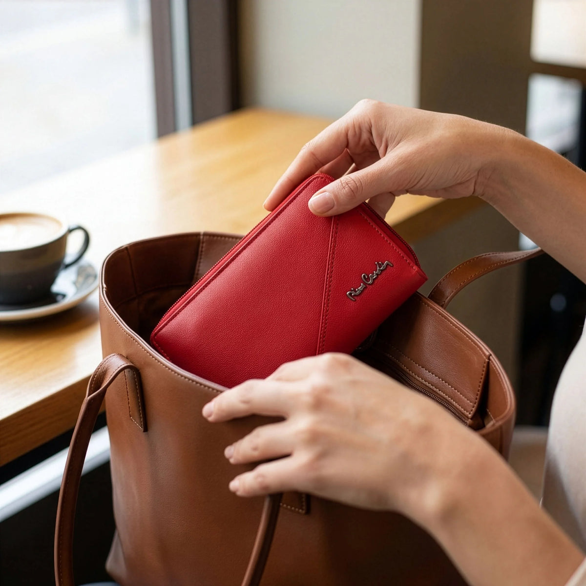 Moteriška odinė RFID piniginė Pierre Cardin, raudona, su užtrauktuku D40328