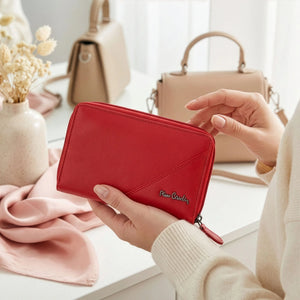 Moteriška odinė RFID piniginė Pierre Cardin, raudona, su užtrauktuku D40328