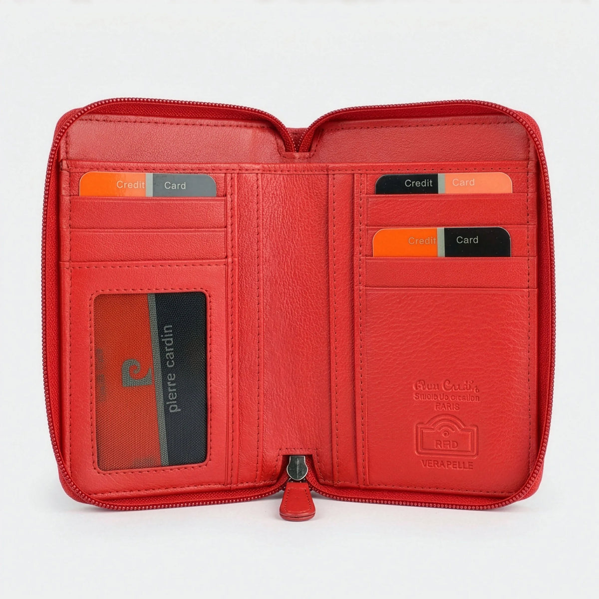 Moteriška odinė RFID piniginė Pierre Cardin, raudona, su užtrauktuku D40328