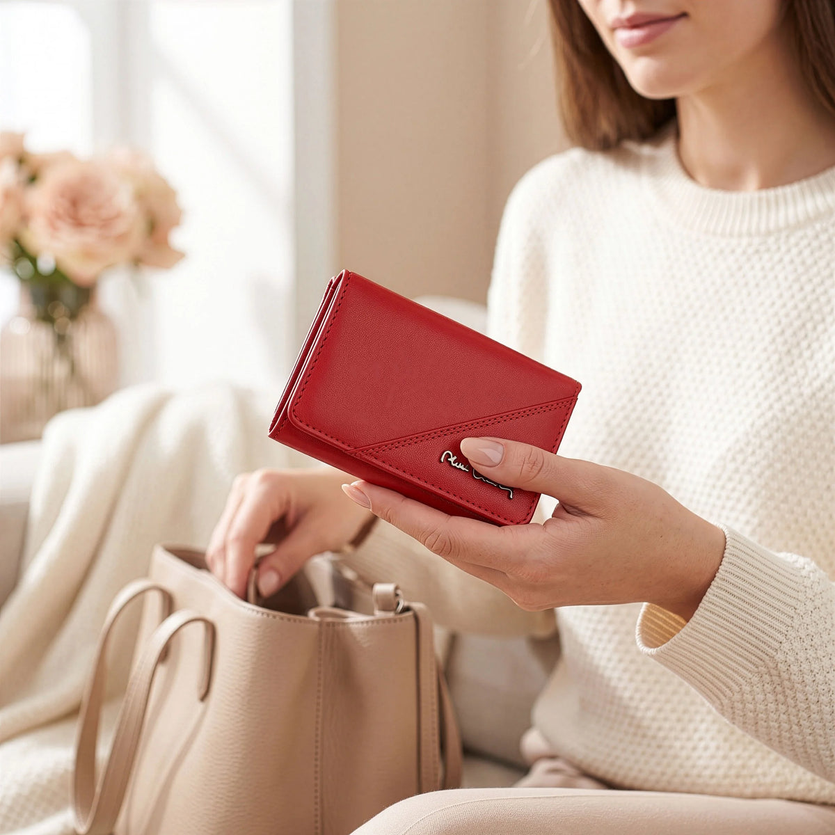 Kompaktiška moteriška odinė piniginė su RFID Pierre Cardin, raudona D40334
