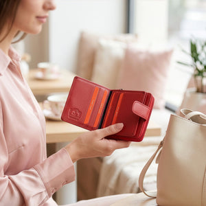 Moteriška odinė piniginė su RFID ir užsegimu Pierre Cardin, raudona D40335