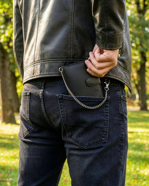 Juoda vyriška piniginė STEVENS su grandine S1083