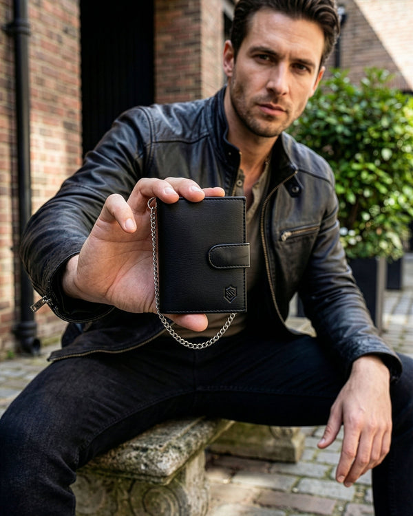 Juoda vyriška piniginė STEVENS su grandine S1083