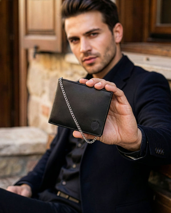 Juoda vyriška piniginė STEVENS su grandine S1084