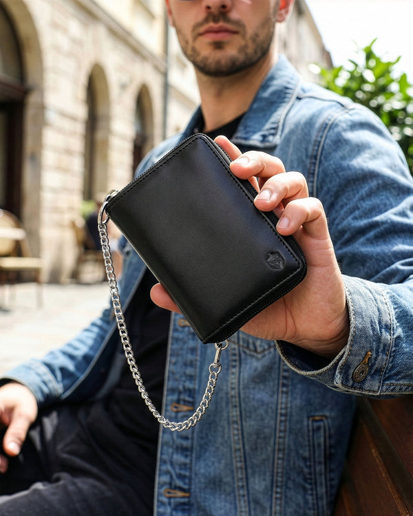 Vyriška odinė piniginė su užtrauktuku ir grandinėle Stevens S160