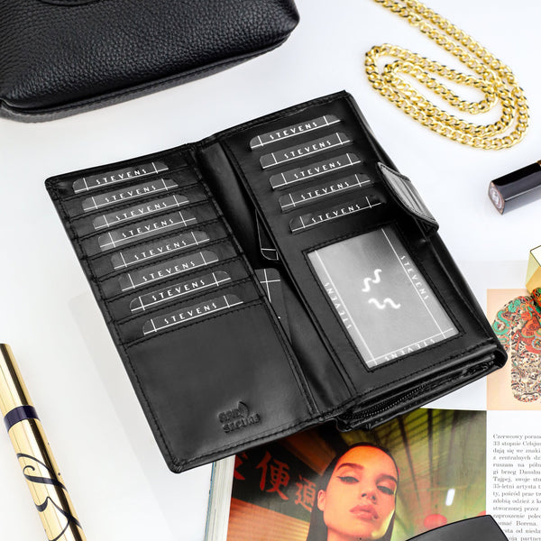 Moteriška odinė piniginė Stevens, juoda, RFID 210-R