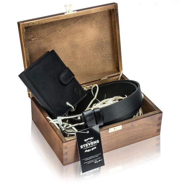 Piniginės ir diržo rinkinys STEVENS medinėje dėžutėje D124