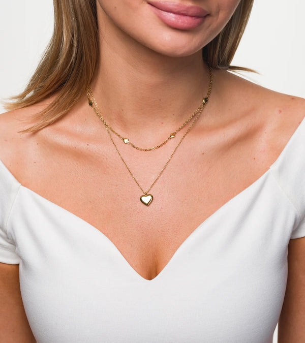 Elegantiška dviguba auksinė grandinėlė su širdelėmis, chirurginis plienas