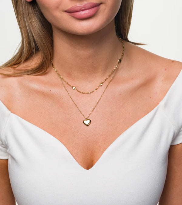 Elegantiška dviguba auksinė grandinėlė su širdelėmis, chirurginis plienas