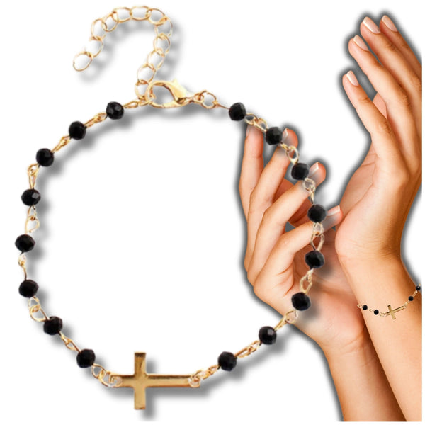 Auksuota apyrankė su juodais karoliukais ir kryžiumi, chirurginis plienas