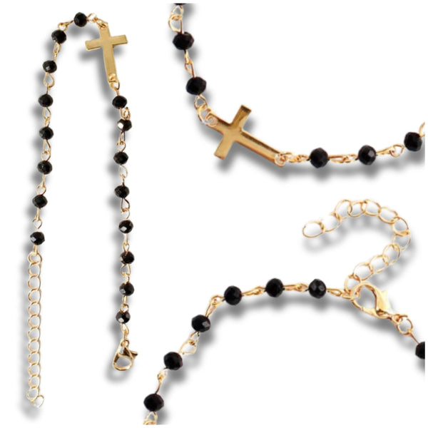 Auksuota apyrankė su juodais karoliukais ir kryžiumi, chirurginis plienas