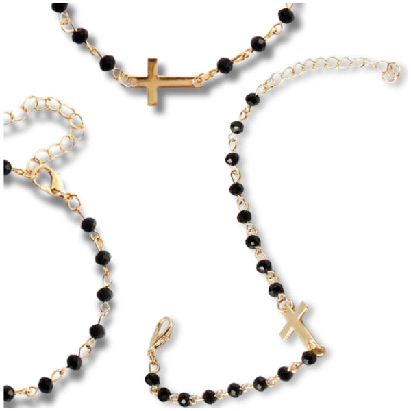 Auksuota apyrankė su juodais karoliukais ir kryžiumi, chirurginis plienas