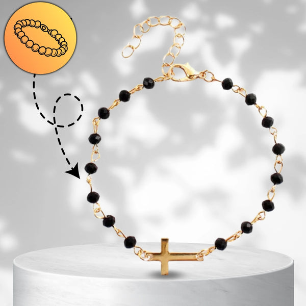 Auksuota apyrankė su juodais karoliukais ir kryžiumi, chirurginis plienas