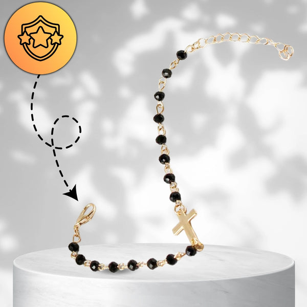 Auksuota apyrankė su juodais karoliukais ir kryžiumi, chirurginis plienas