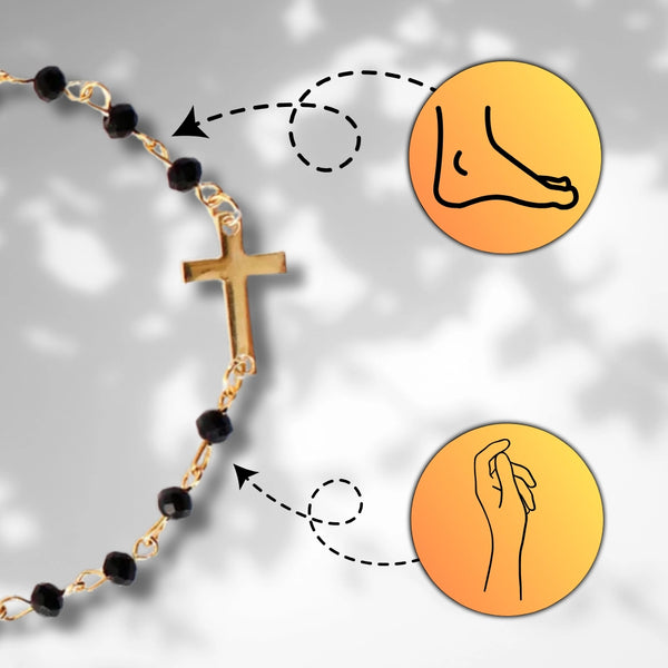 Auksuota apyrankė su juodais karoliukais ir kryžiumi, chirurginis plienas