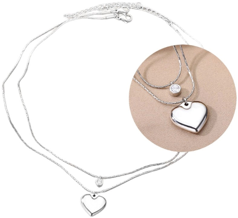 Elegantiška dviguba sidabrinė grandinėlė su širdimi ir cirkoniu