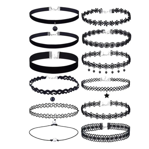 Juodas nėriniuotų chokerių rinkinys (12 vnt.)