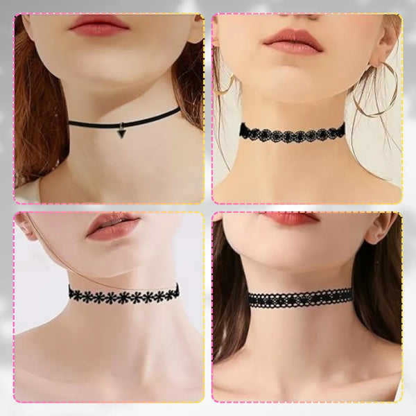 Juodas nėriniuotų chokerių rinkinys (12 vnt.)