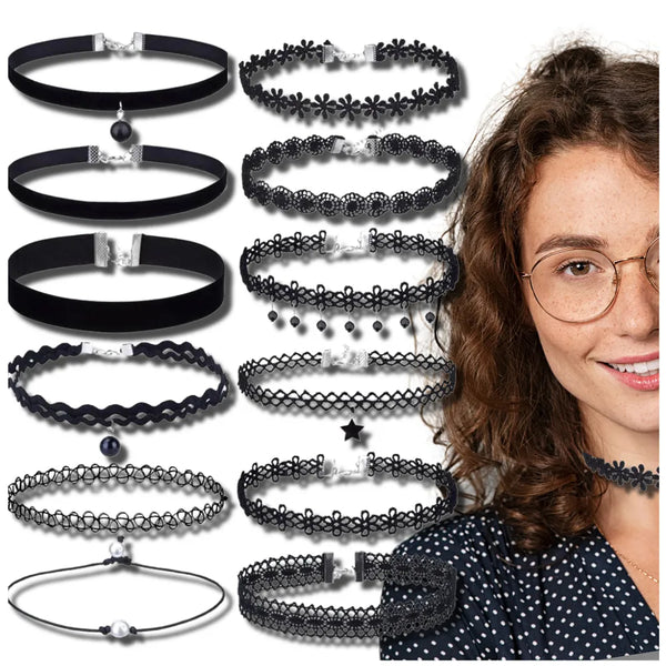 Juodas nėriniuotų chokerių rinkinys (12 vnt.)