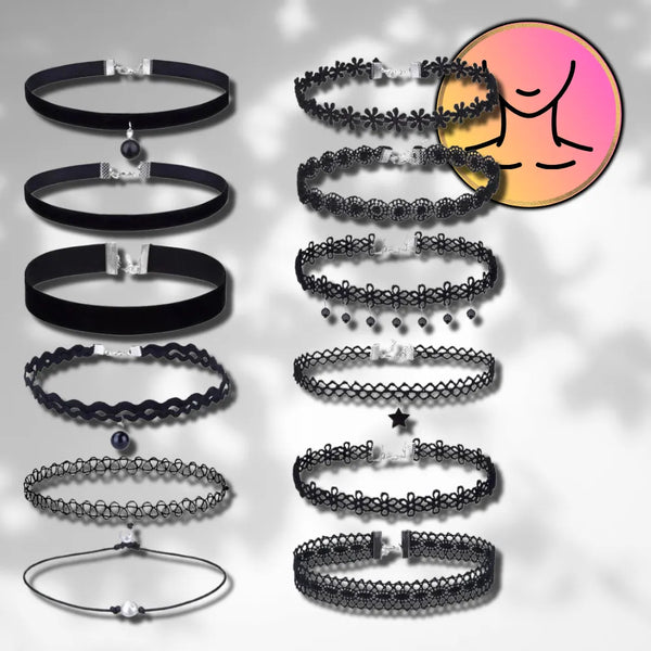 Juodas nėriniuotų chokerių rinkinys (12 vnt.)