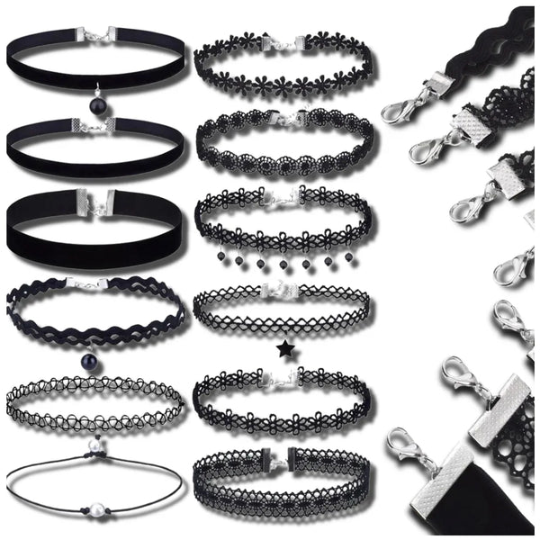 Juodas nėriniuotų chokerių rinkinys (12 vnt.)