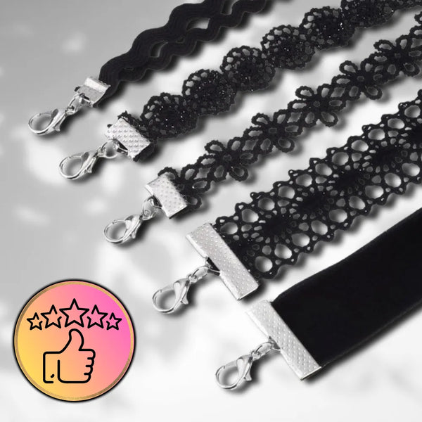 Juodas nėriniuotų chokerių rinkinys (12 vnt.)