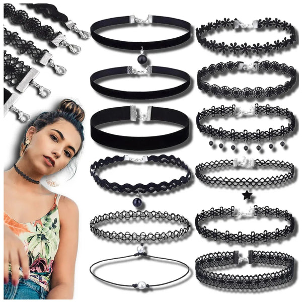 Juodas nėriniuotų chokerių rinkinys (12 vnt.)