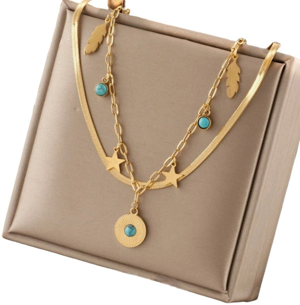 Auksinis dvigubas vėrinys su pakabukais, chirurginis plienas