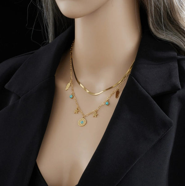 Auksinis dvigubas vėrinys su pakabukais, chirurginis plienas