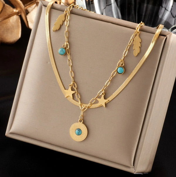 Auksinis dvigubas vėrinys su pakabukais, chirurginis plienas