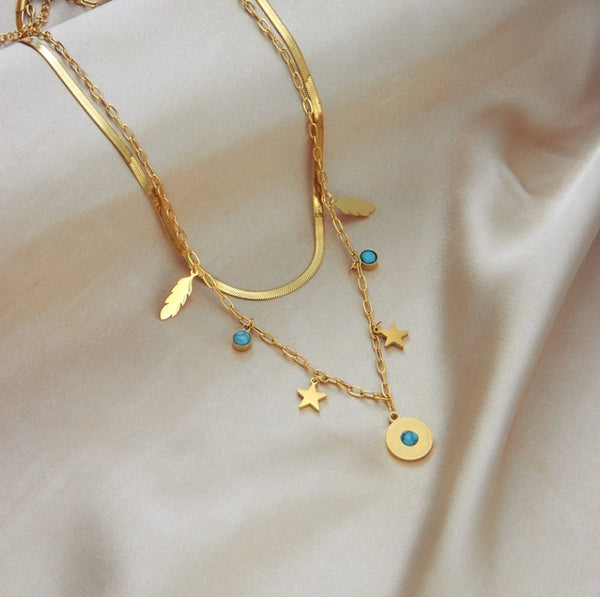 Auksinis dvigubas vėrinys su pakabukais, chirurginis plienas