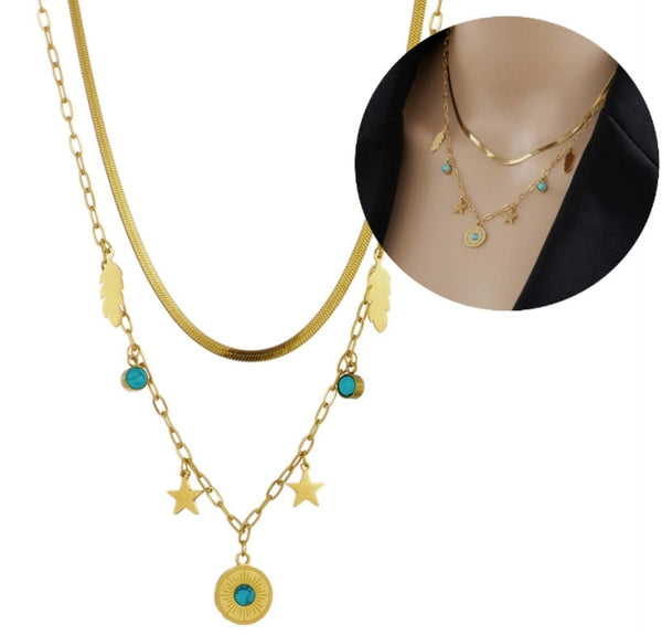 Auksinis dvigubas vėrinys su pakabukais, chirurginis plienas