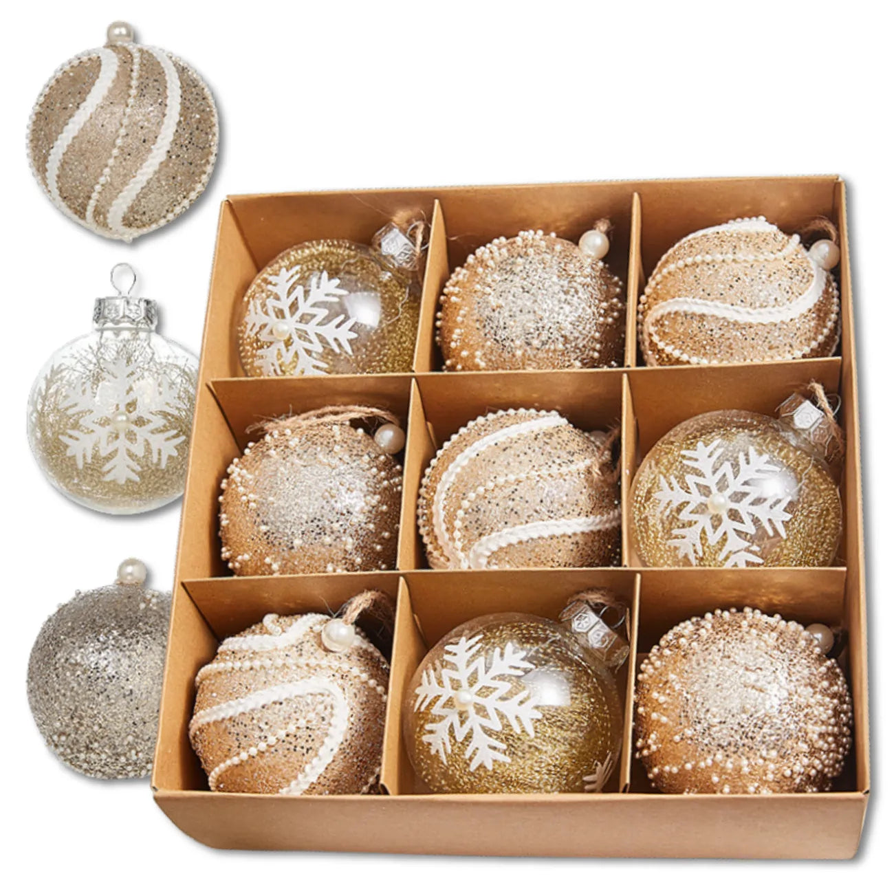 Akriliniai auksiniai kalėdiniai burbulai, 9 vnt, 8 cm