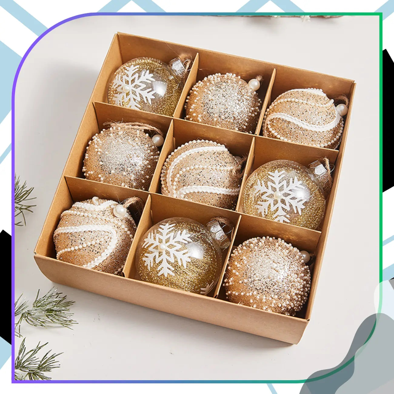 Akriliniai auksiniai kalėdiniai burbulai, 9 vnt, 8 cm