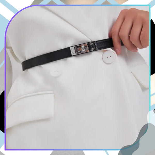 Moteriškas siauras odinis diržas su sidabrine sagtimi