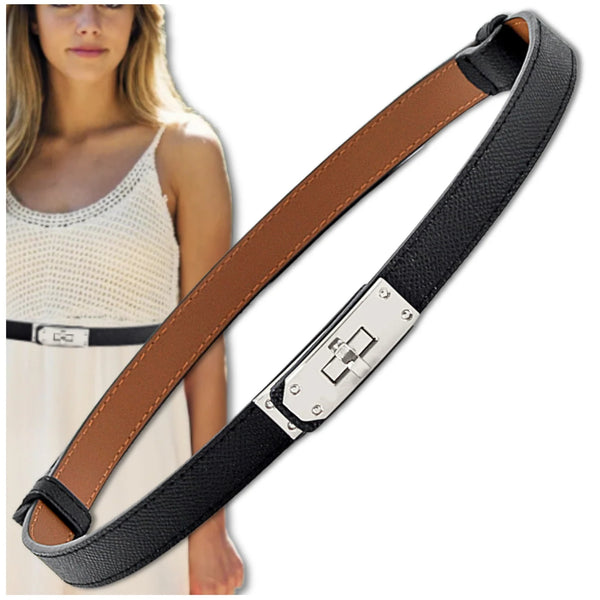 Moteriškas siauras odinis diržas su sidabrine sagtimi