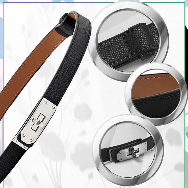 Moteriškas siauras odinis diržas su sidabrine sagtimi