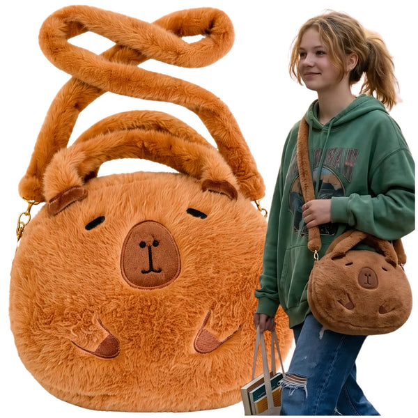 Pliušinė kapibaros rankinė per petį, ruda