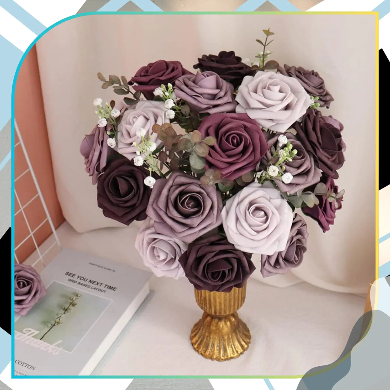 Rožių puokštė, 25 vnt. spalvingų dekoratyvinių dirbtinių gėlių