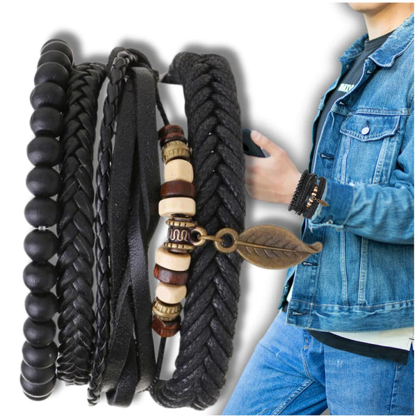 Vyriškų odinių apyrankių rinkinys su karoliukais