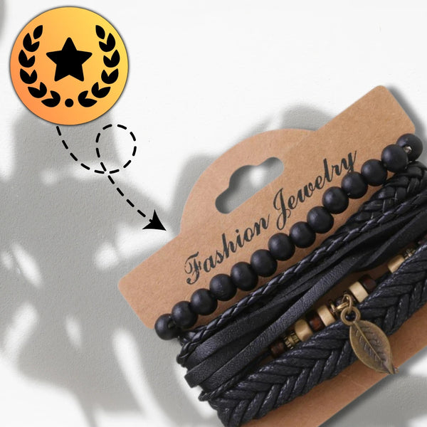 Vyriškų odinių apyrankių rinkinys su karoliukais