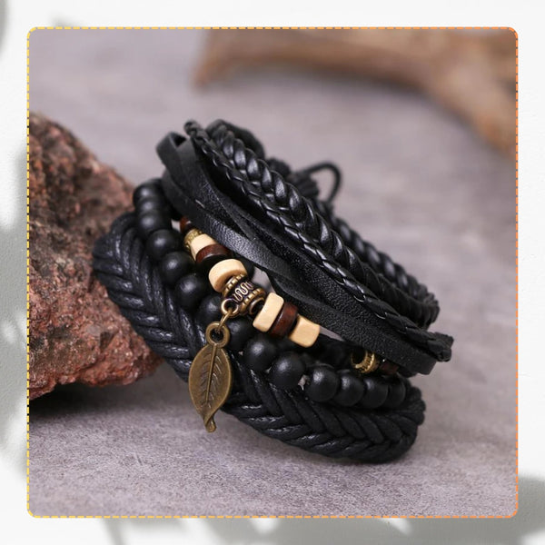 Vyriškų odinių apyrankių rinkinys su karoliukais