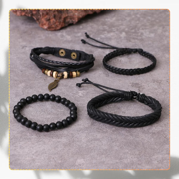 Vyriškų odinių apyrankių rinkinys su karoliukais