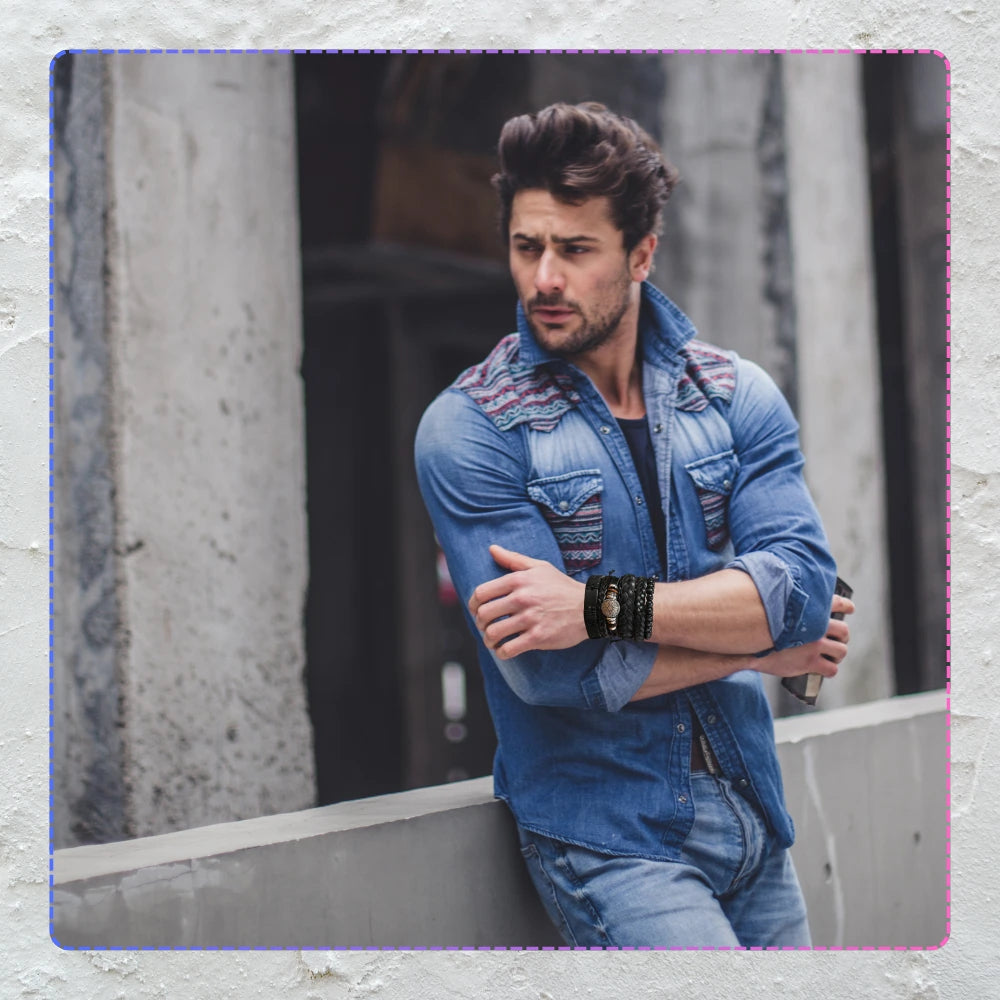 Vyriškų odinių apyrankių rinkinys su karoliukais (mix)