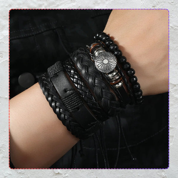 Vyriškų odinių apyrankių rinkinys su karoliukais (mix)