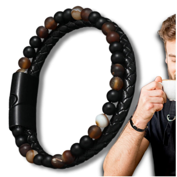 Vyriška odinė apyrankė su natūraliais akmenimis, magnetinis užsegimas