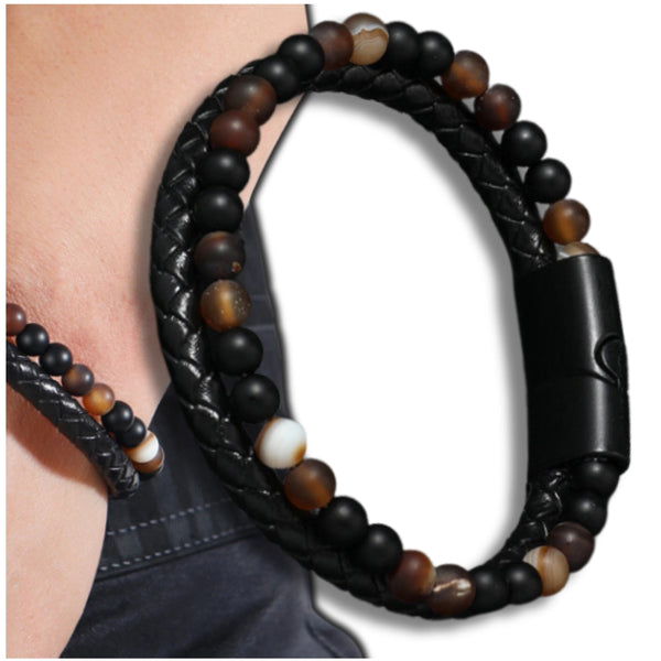 Vyriška odinė apyrankė su natūraliais akmenimis, magnetinis užsegimas