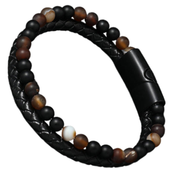 Vyriška odinė apyrankė su natūraliais akmenimis, magnetinis užsegimas