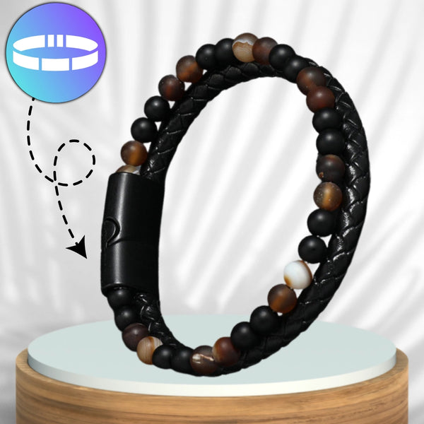 Vyriška odinė apyrankė su natūraliais akmenimis, magnetinis užsegimas