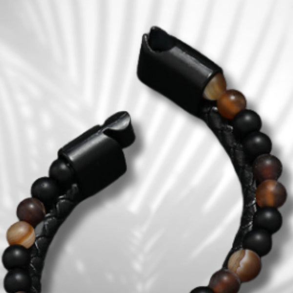 Vyriška odinė apyrankė su natūraliais akmenimis, magnetinis užsegimas